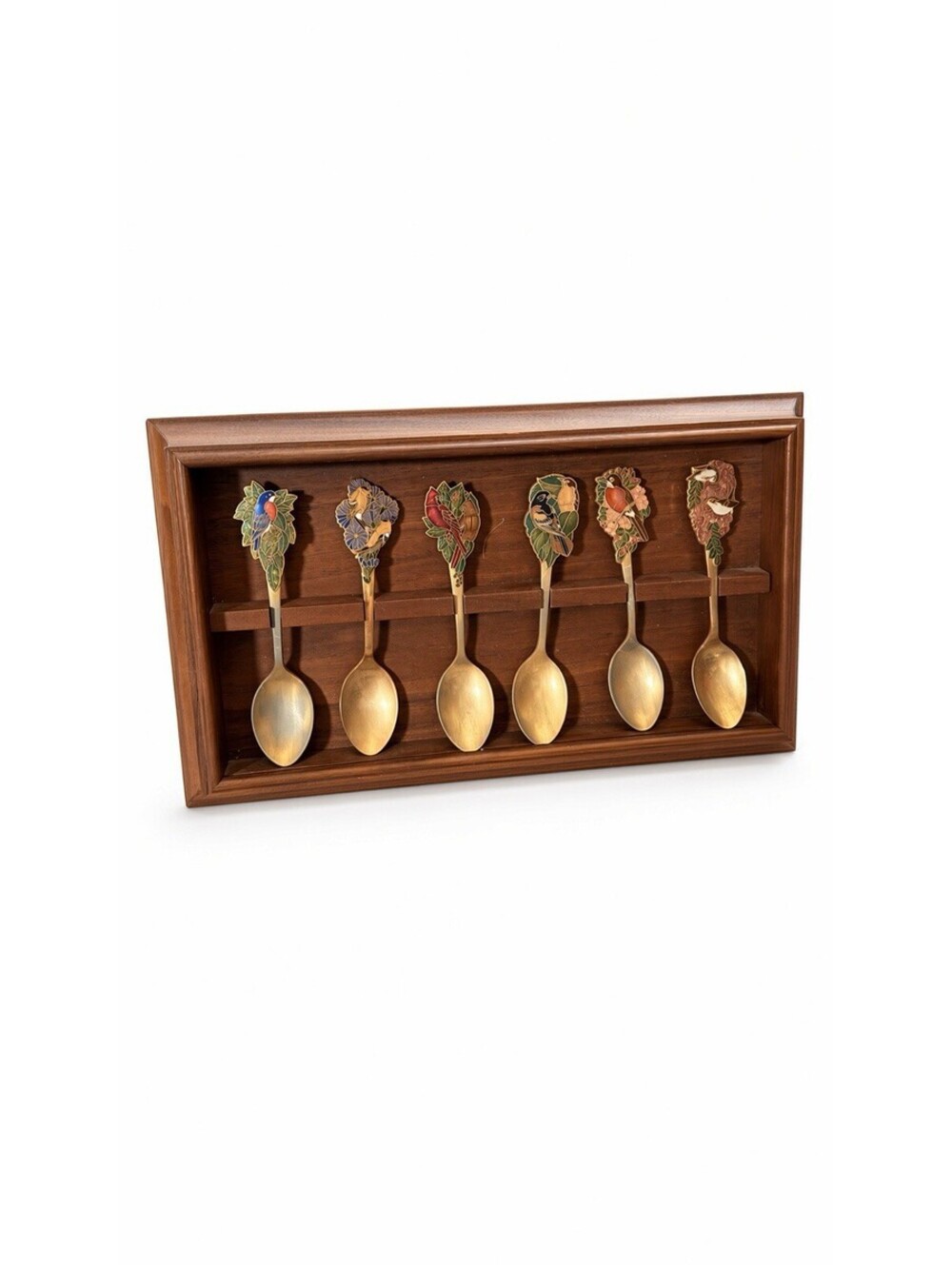 Vintage Hallmark Songbirds Enamel Spoon Set 6 Walnut Display Rack 1981 Japan
